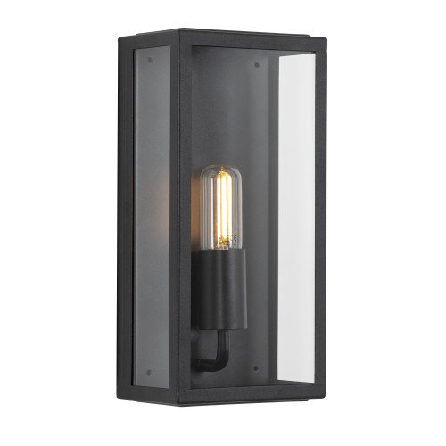 Zwarte wandlamp voor buiten met grote heldere beglazing in strak en modern gevellamp met vlakke achterzijde