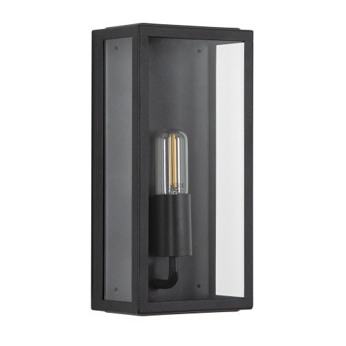 Zwarte wandlamp voor buiten met grote heldere beglazing in strak en modern gevellamp met vlakke achterzijde