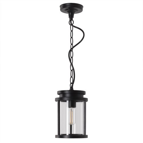 hanglamp voor buiten aan ketting zwart frame, ronde lantaarnkap, inclusief plafondplaat, strak klassiek moderne vormgeving