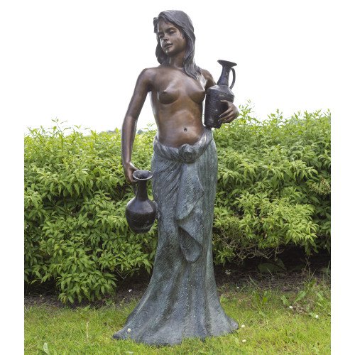 bronzen tuinbeeld van naakte vrouw met twee waterkruiken in haar handen