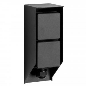 Zwart tuinstopcontact voor buiten voorzien van makkelijke spie en twee stroompunten Zwart tuinstopcontact voor buiten voorzien van makkelijke spie en twee stroompunten