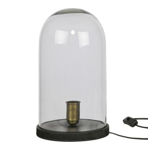 Vintage tafellamp voorzien van houten voet koperen lamphouder en ronde glazen stolp