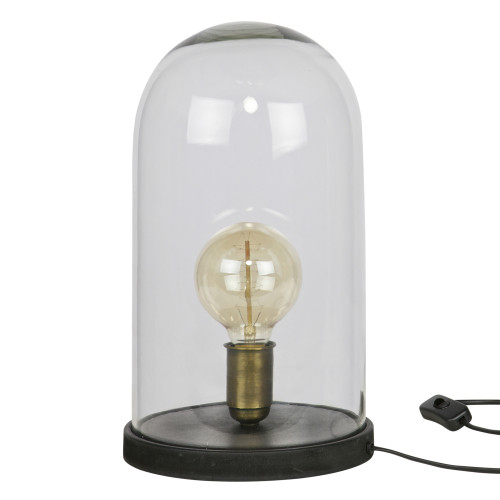 Vintage tafellamp voorzien van houten voet koperen lamphouder en ronde glazen stolp