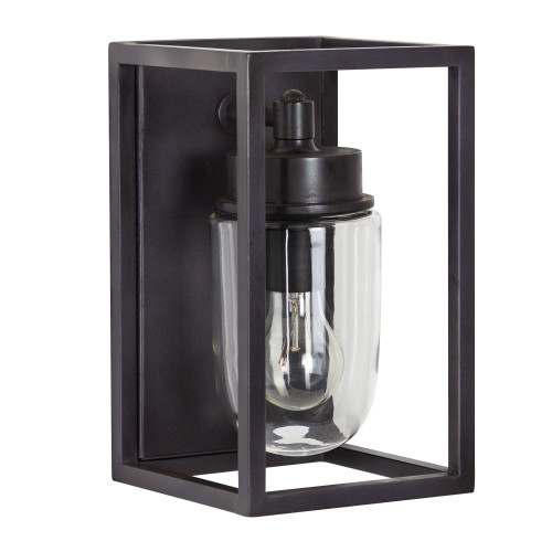 Wandlamp Fitzroy zwart strak stijlvol modern klassiek box design verlichting voor binnen of buiten aan de wand, brons frame stolpglas vlakke achterzijde