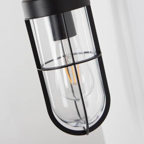 Zwarte buitenlamp Porto, moderne buitenmuur verlichting, type stallamp met glazen stolp en zwart raster, ronde muurplaat, E27 fitting