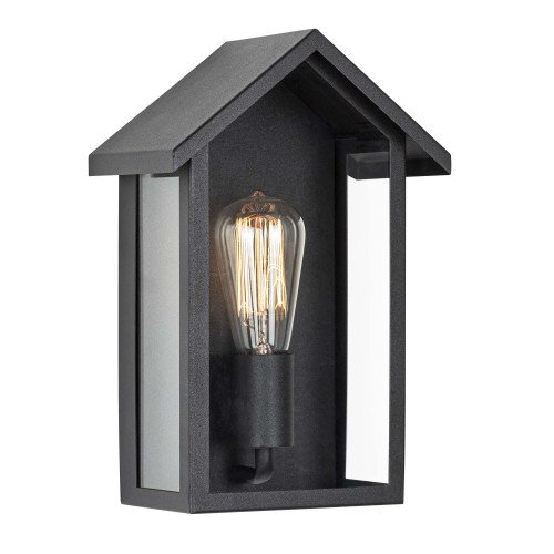 Zwarte buitenlamp, home design, vlakke achterzijde, wandlamp voor buiten met zwart frame en heldere beglazing, vorm van een huis