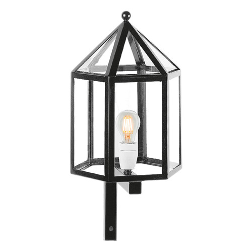 zwarte buitenlamp 65cm hoog, lantaarnkap met zwart frame huisjes model op een strakke wandsteun, zichtbare lichtbron in de buitenwandlamp