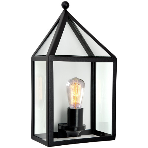 buitenwandlamp met zwart frame huis model, voor en zijkant glazen panelen, lichtbron zichtbaar, wandlamp voor buiten vlakke achterzijde