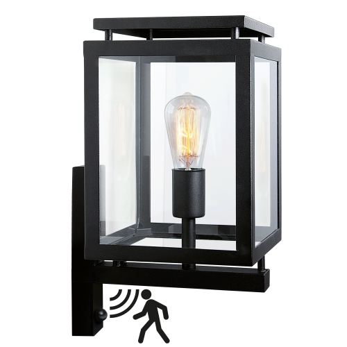Buitenlamp De Vecht met bewegingssensor, moderne strakke buitenverlichting voor aan de wand, zwarte frame, helder glas, inclusief sensor