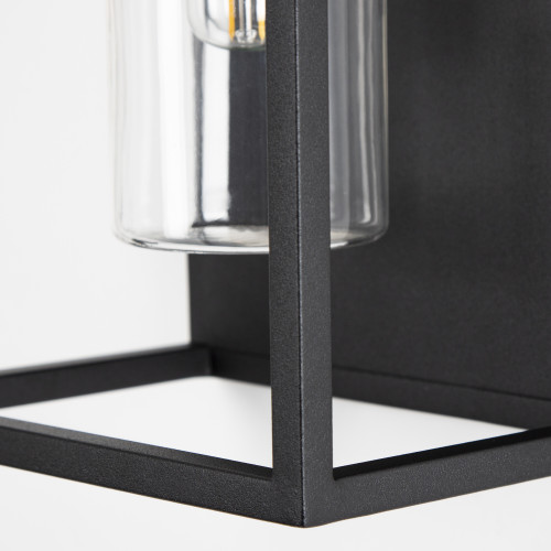 Buitenlamp Hudson zwart, moderne RVS wandverlichting voor buiten, buitenverlichting, sfeervol en functioneel, zwart frame helder stolpglas vlakke achterzijde, E27 fitting